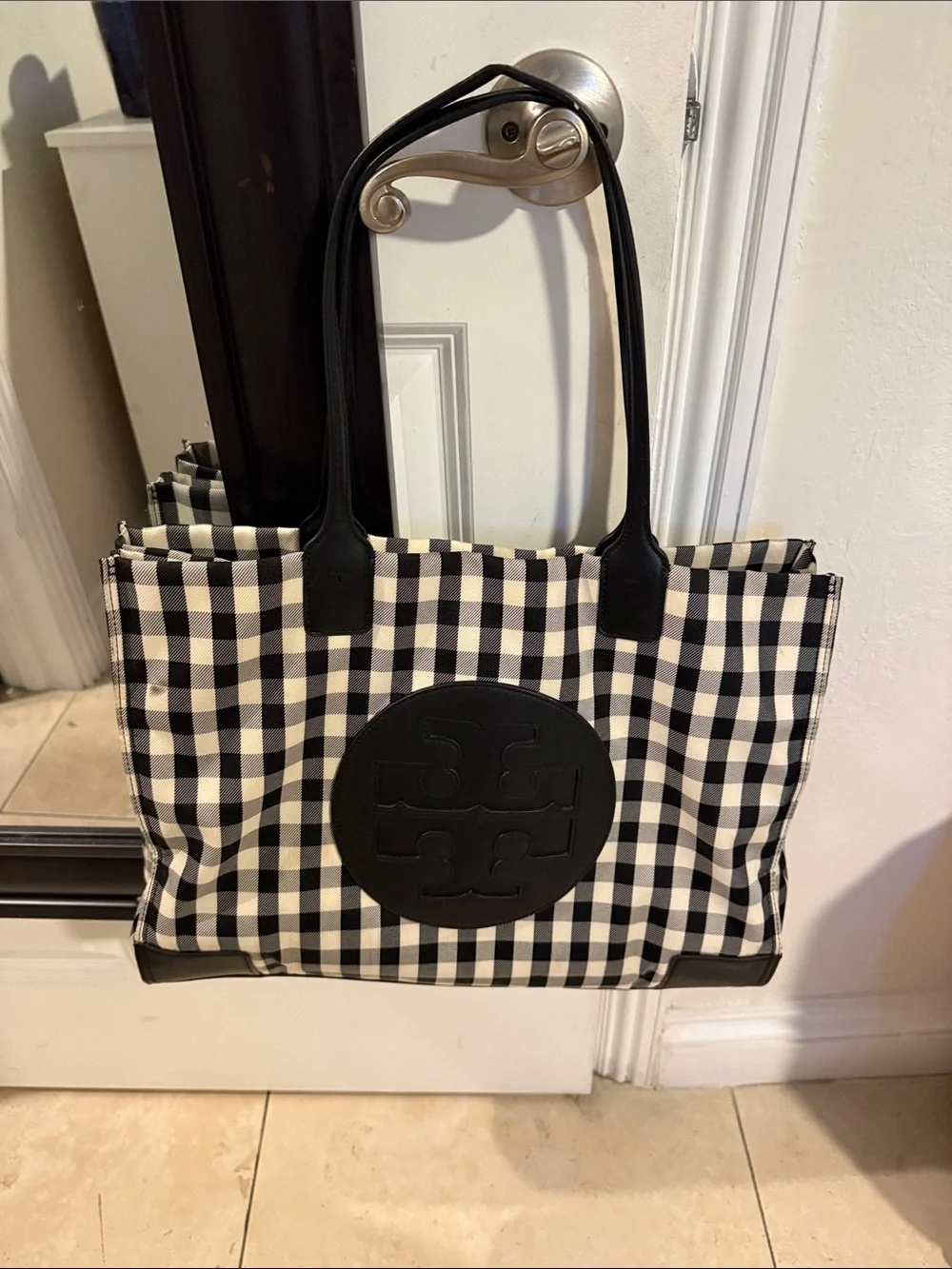 Tory Burch Black & White Gingham Leather-Trim Tote